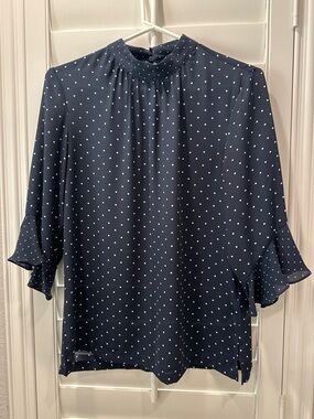 H&M Navy Blue Polka Dot Mock Neck Blouse